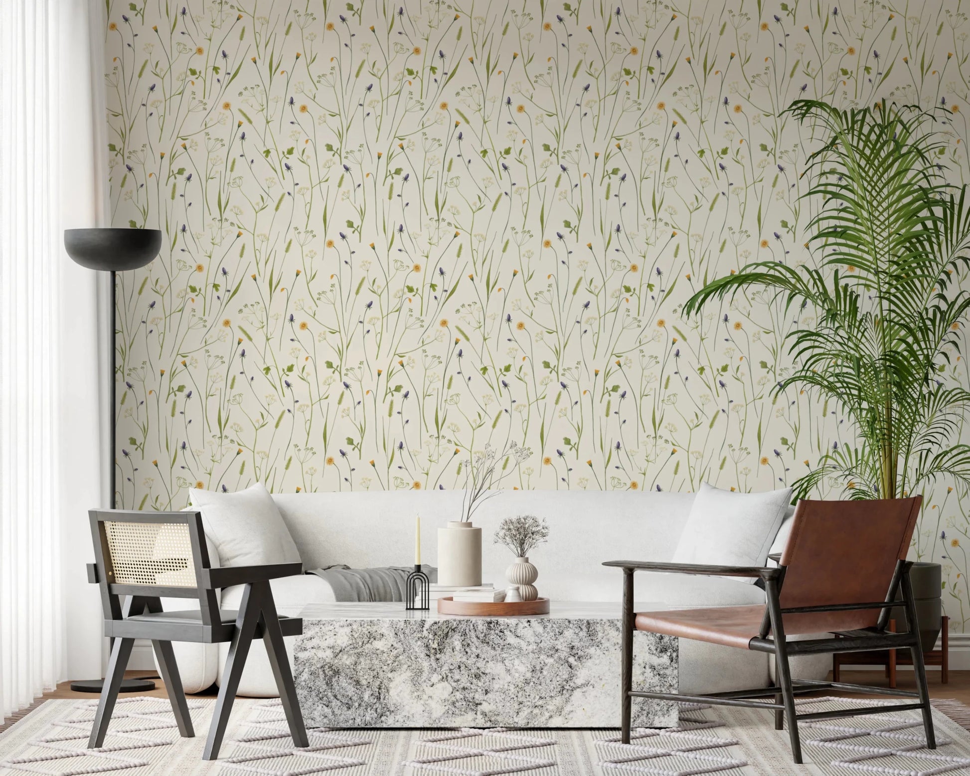 Black pendants contrast nicely with Homeland Floral Wallpaper in this Living area