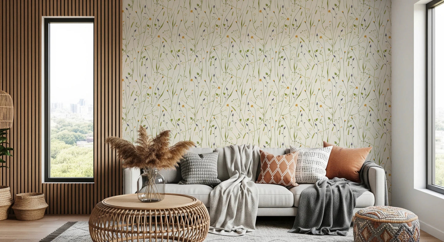Warm earthy seating pairs beautifully with the quiet pattern of this floral wallpaper