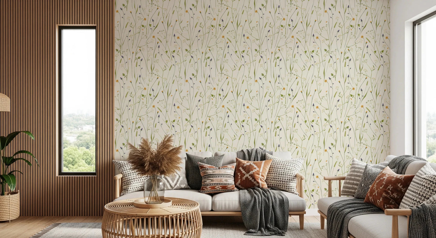 Homeland Floral Wallpaper gives this window-side lounge a light and settled feel