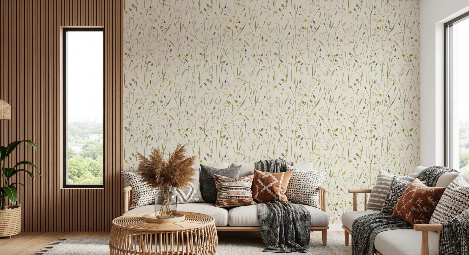 Homeland Floral Wallpaper gives this window-side lounge a light and settled feel