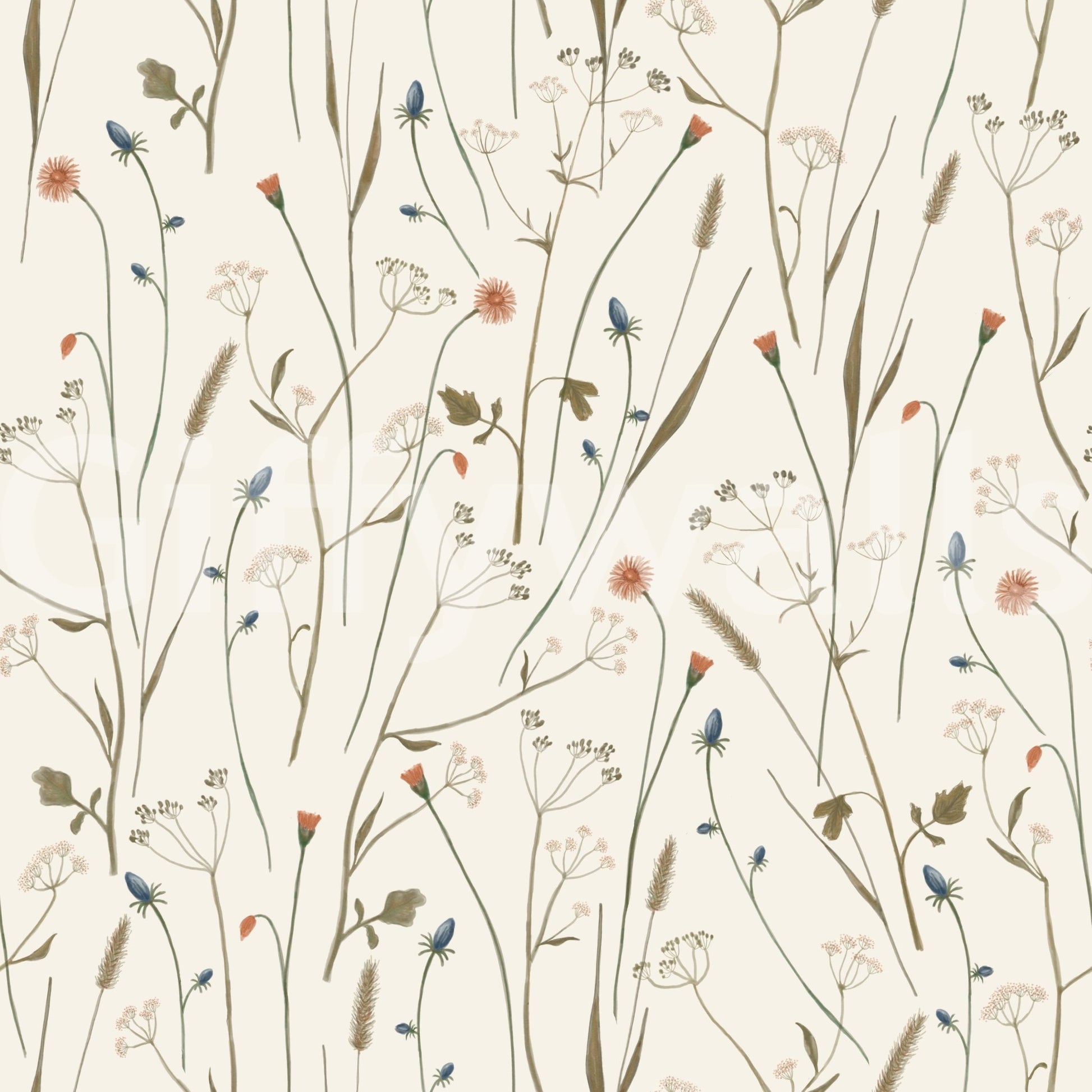 Homeland Floral Winter Wallpaper with fine stems and scattered blooms on a soft neutral base