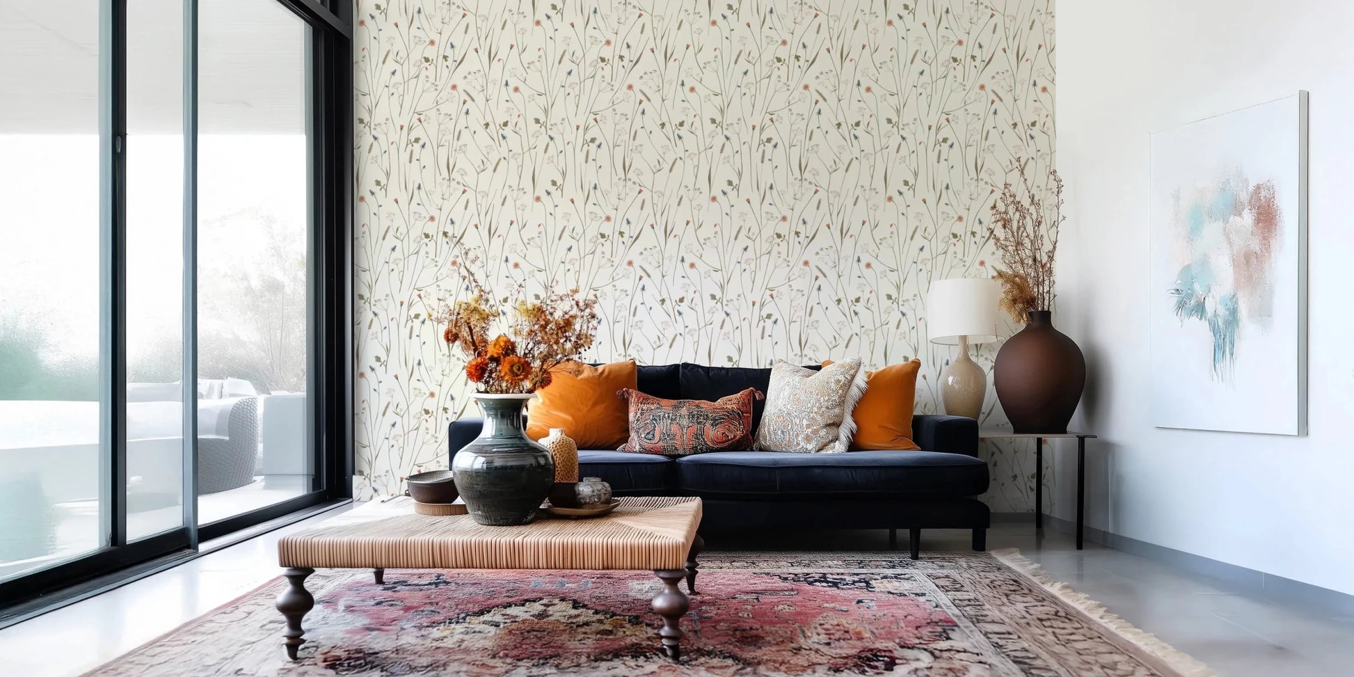 A darker sofa corner gains balance from the subtle movement of this floral pattern