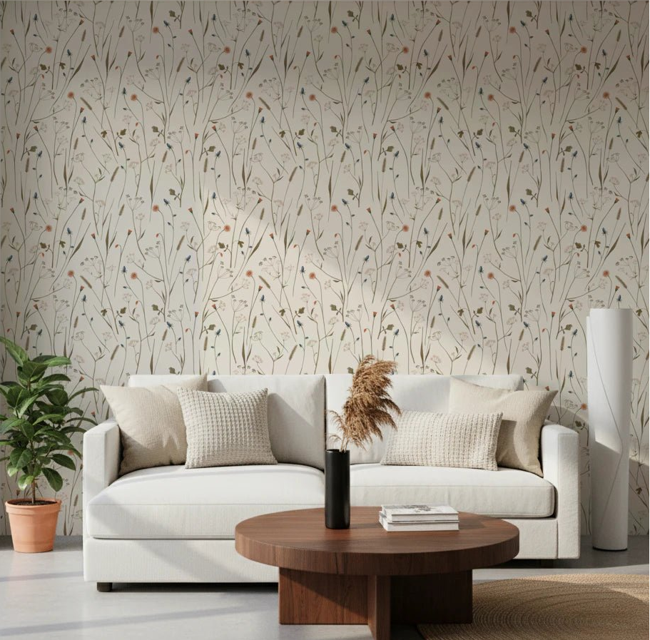 Homeland Floral Winter Wallpaper adds a soft botanical backdrop to this cozy living room