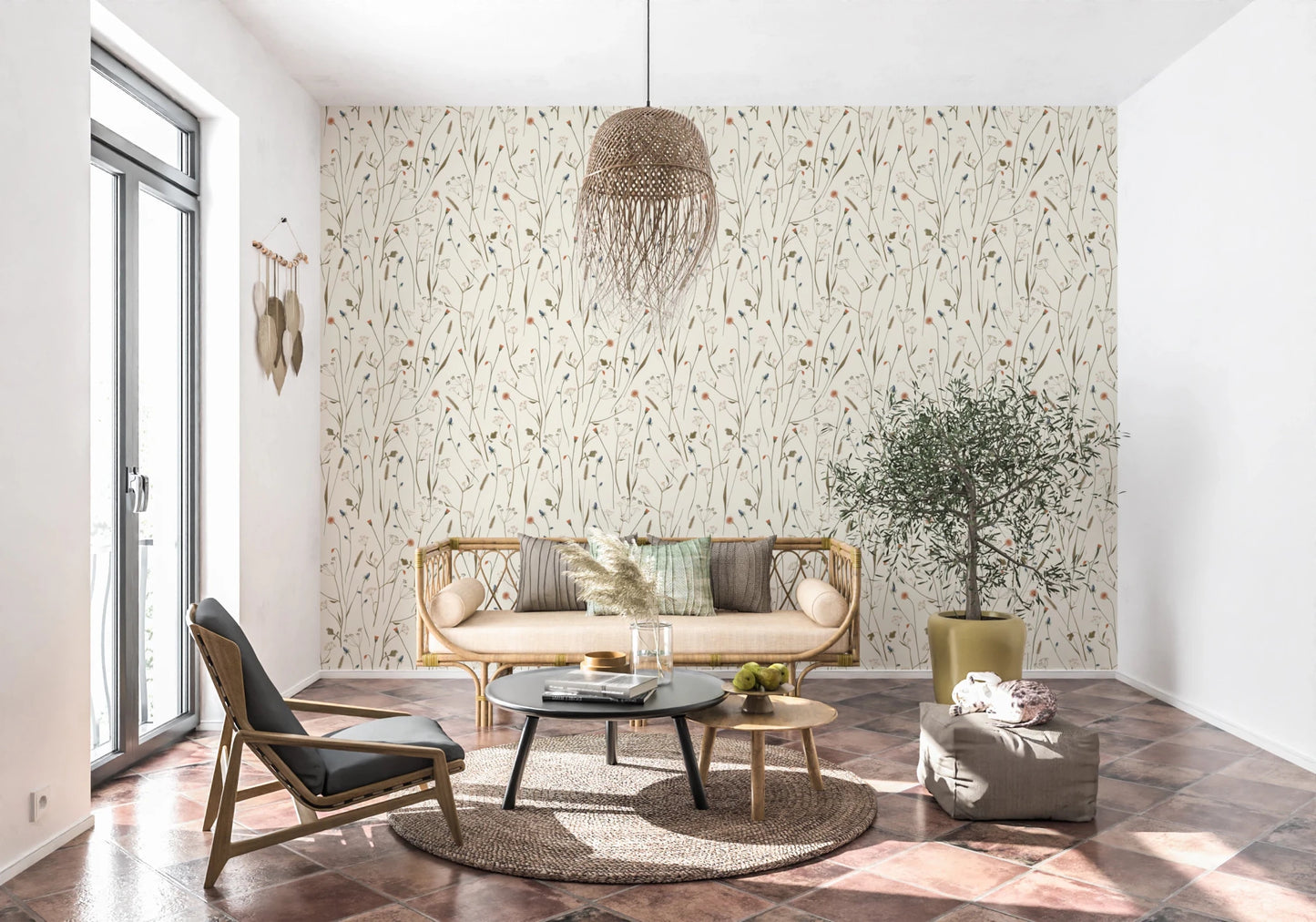 Living room feels lighter with this delicate floral wallpaper behind it