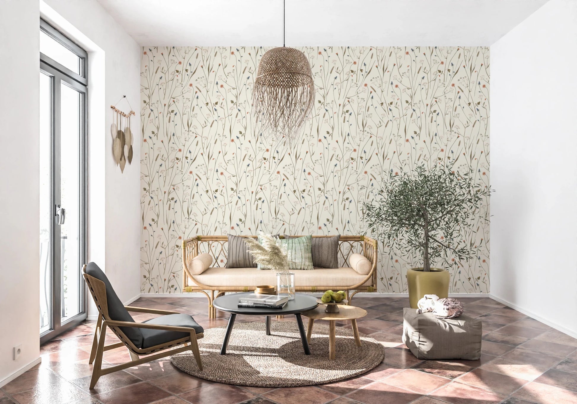 Living room feels lighter with this delicate floral wallpaper behind it