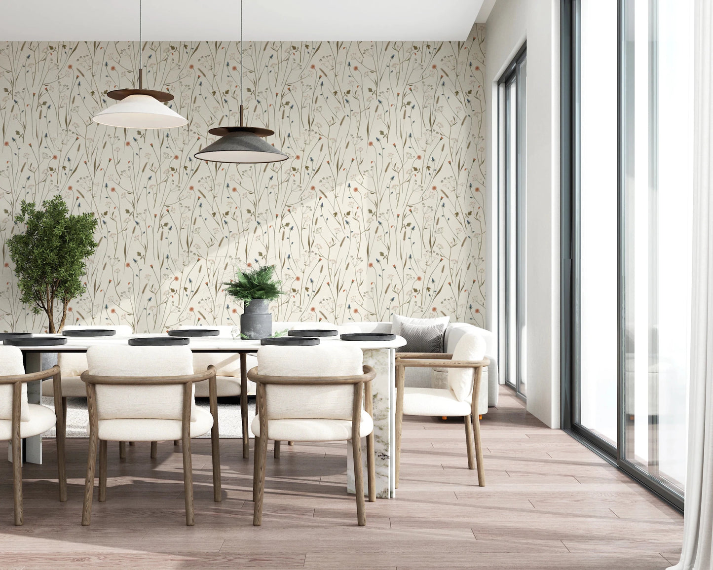 Daylight keeps this dining space airy against the quiet pattern of Homeland Floral Winter Wallpaper