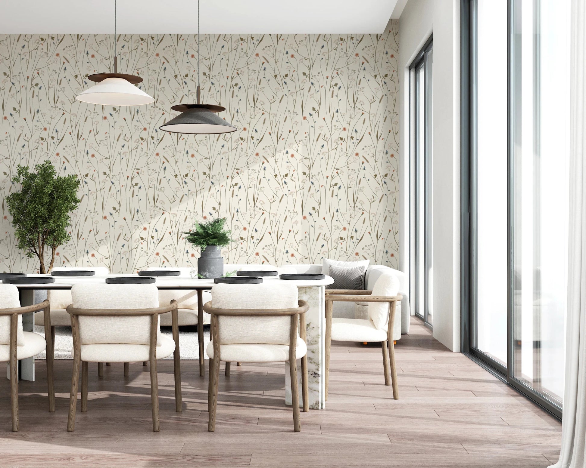 Daylight keeps this dining space airy against the quiet pattern of Homeland Floral Winter Wallpaper