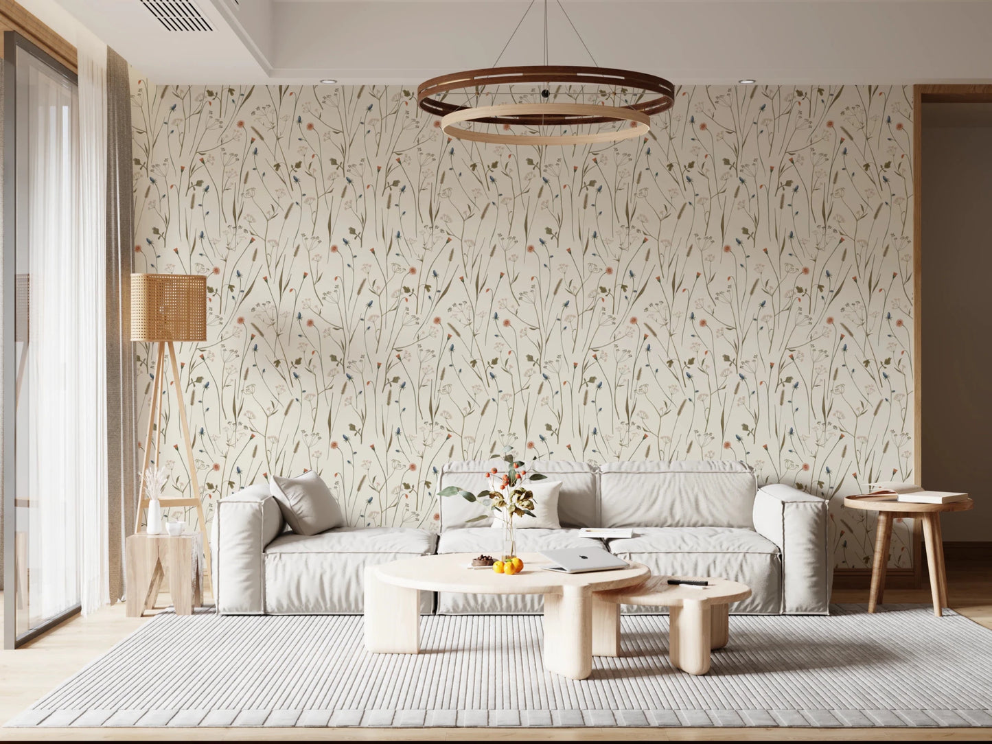This Living room feels restful with Homeland Floral Winter Wallpaper in the background
