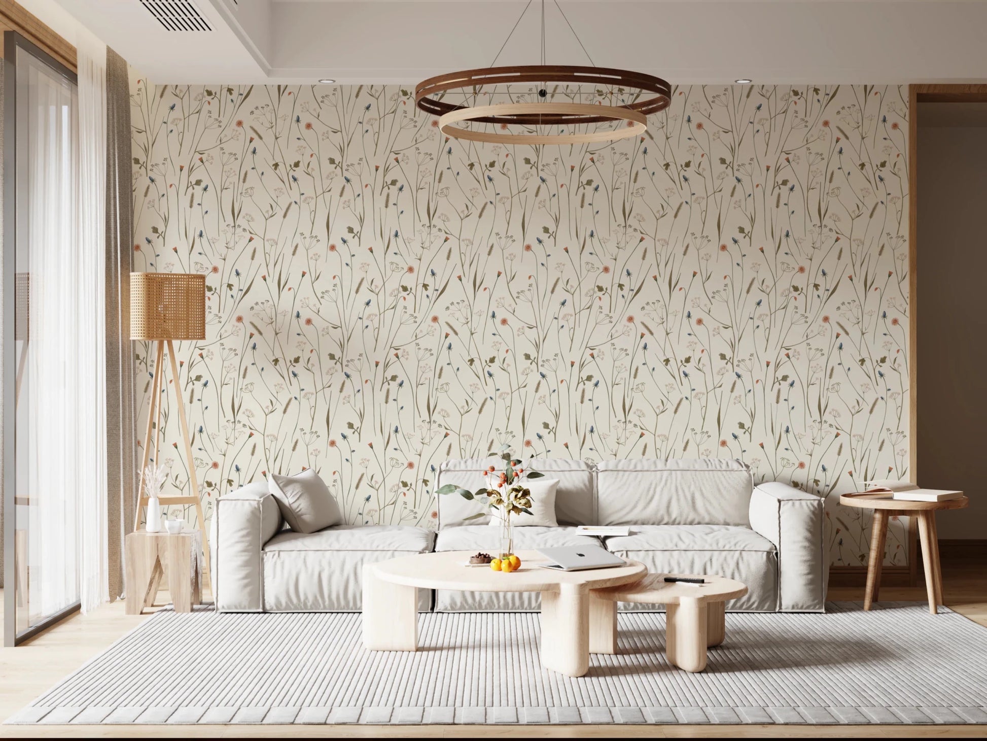 This Living room feels restful with Homeland Floral Winter Wallpaper in the background