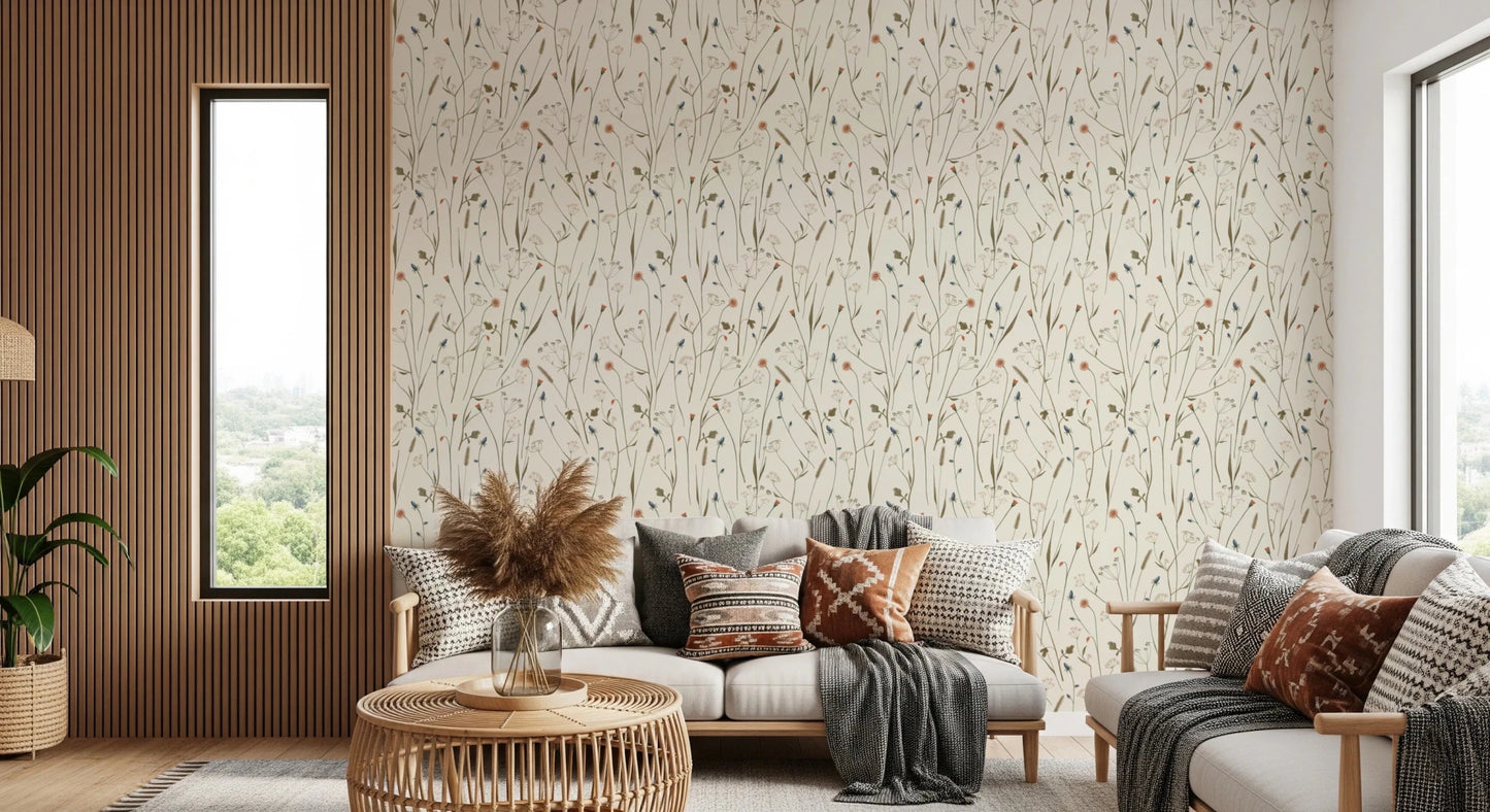 Warm earthy tones settle naturally beside Homeland Floral Winter Wallpaper in this lounge