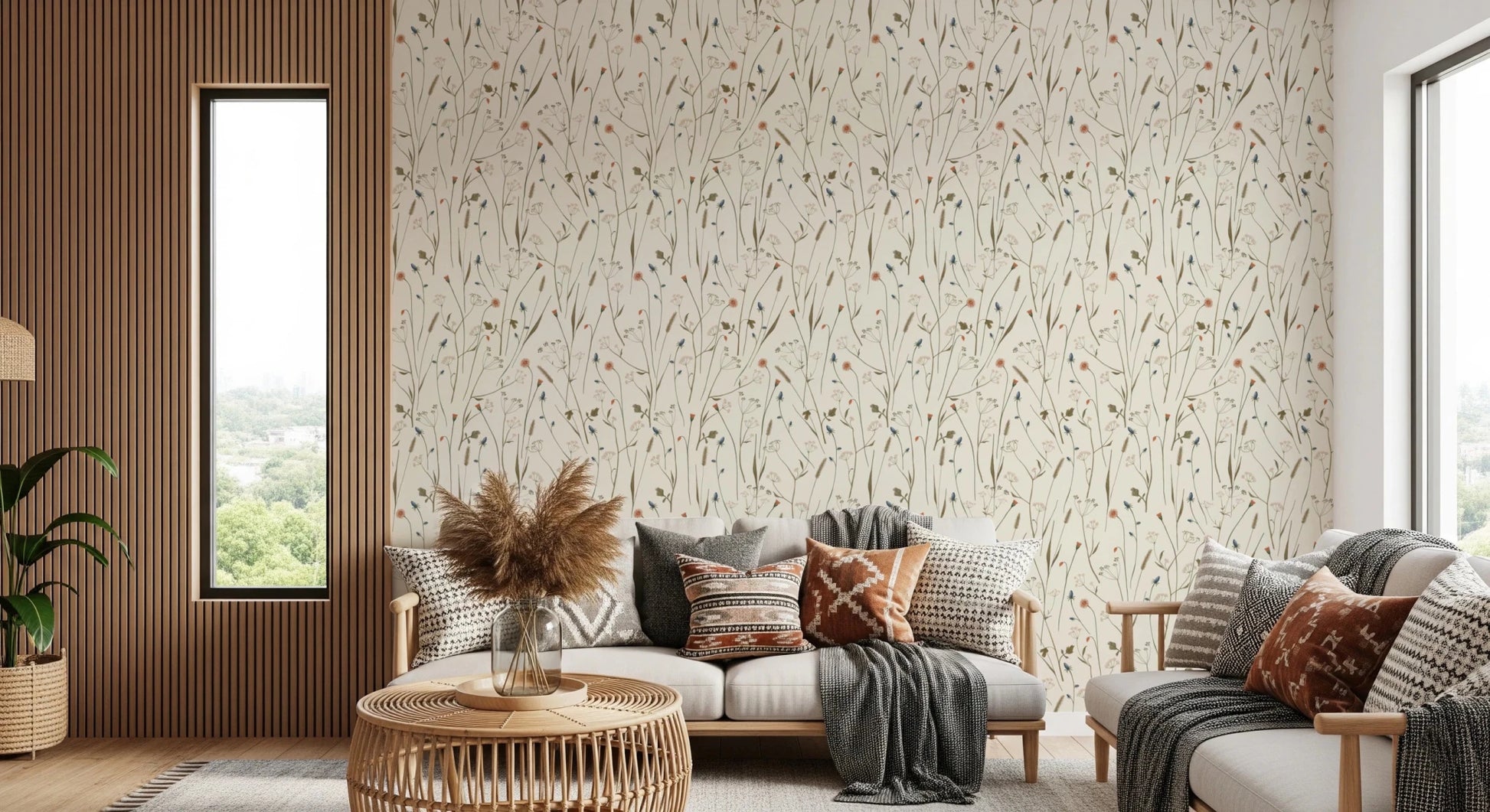 Warm earthy tones settle naturally beside Homeland Floral Winter Wallpaper in this lounge