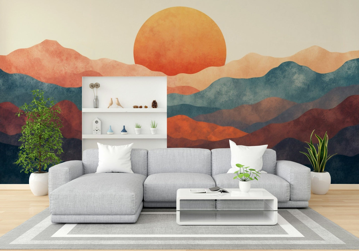 An artistic color gradient mural on minimalist wallpaper.

