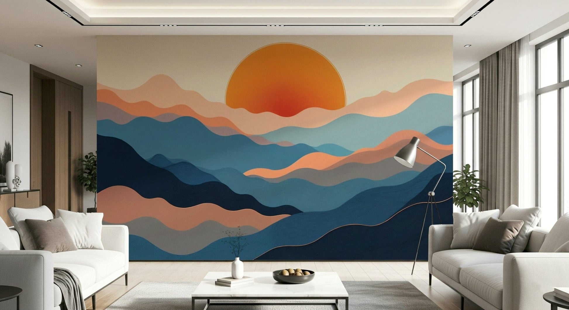Minimalist bedroom wallpaper featuring the Horizon Layers design