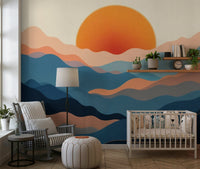 Soft grey and blue wall mural for a master bedroom wall