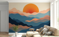 Abstract landscape wall mural with soft blue gradients