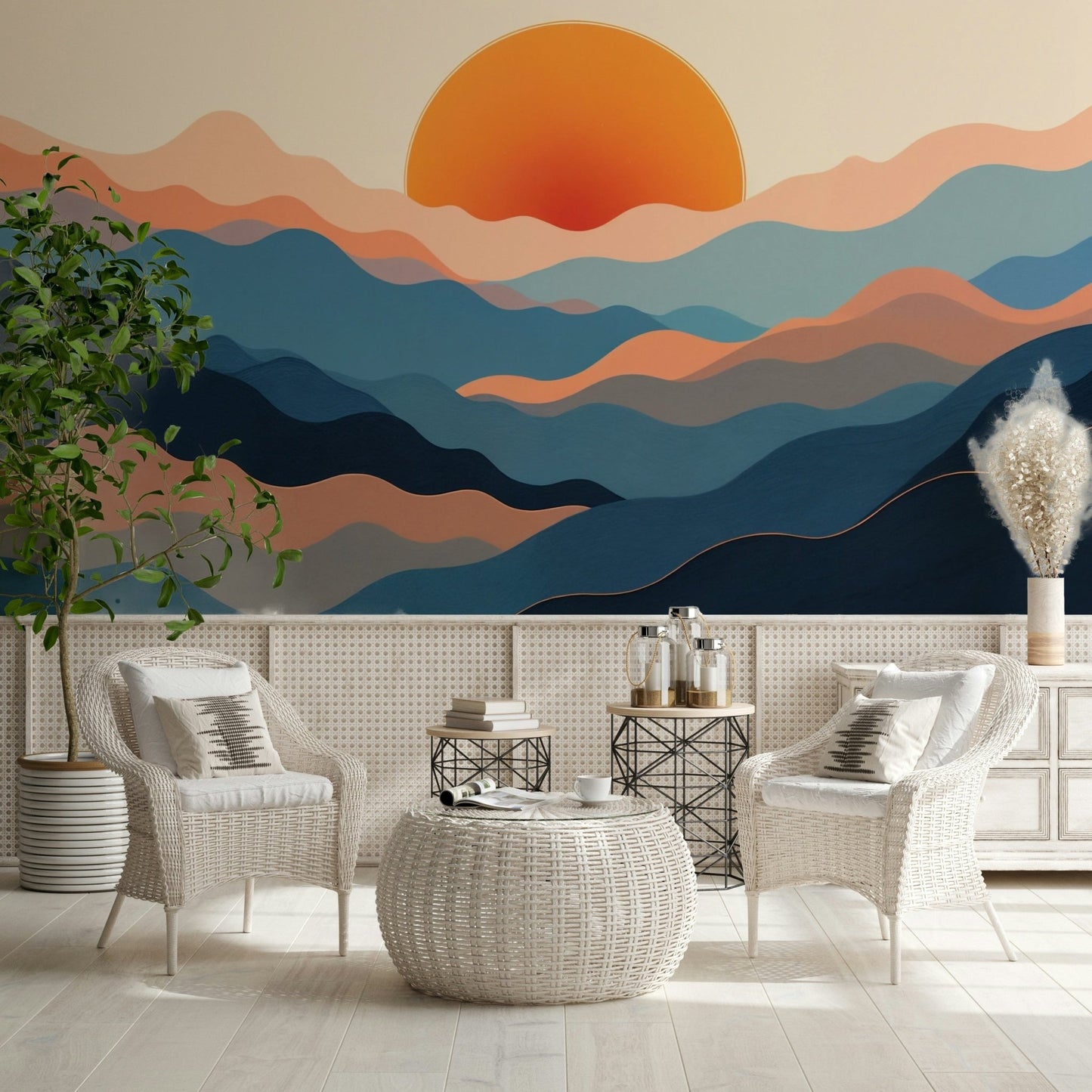 Artistic layered mountain wallpaper for a sleek study space
