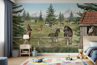 Kids room with Horse Haven Horse Wall Mural and pine trees, GD9181