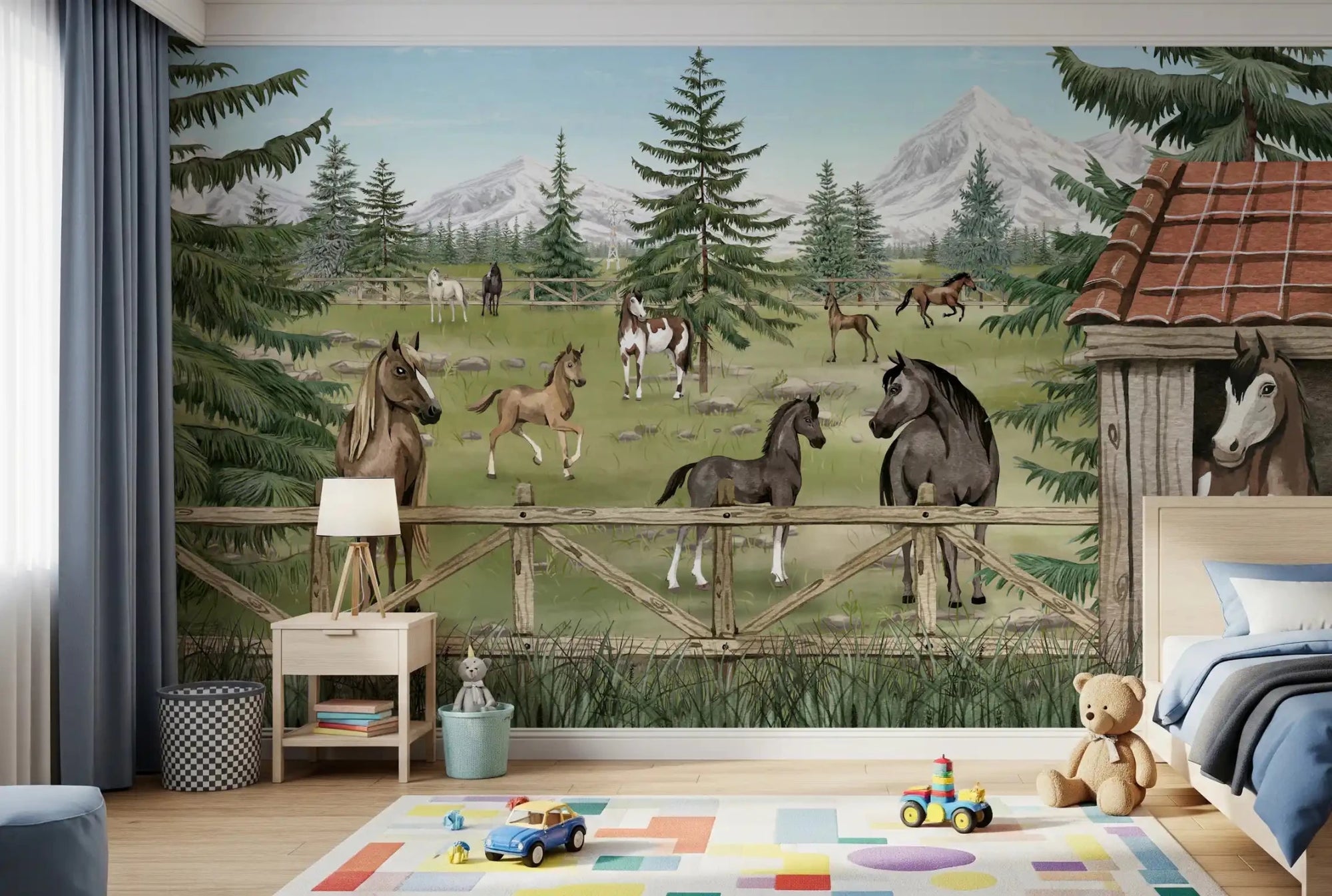 Kids room with Horse Haven Horse Wall Mural and pine trees, GD9181