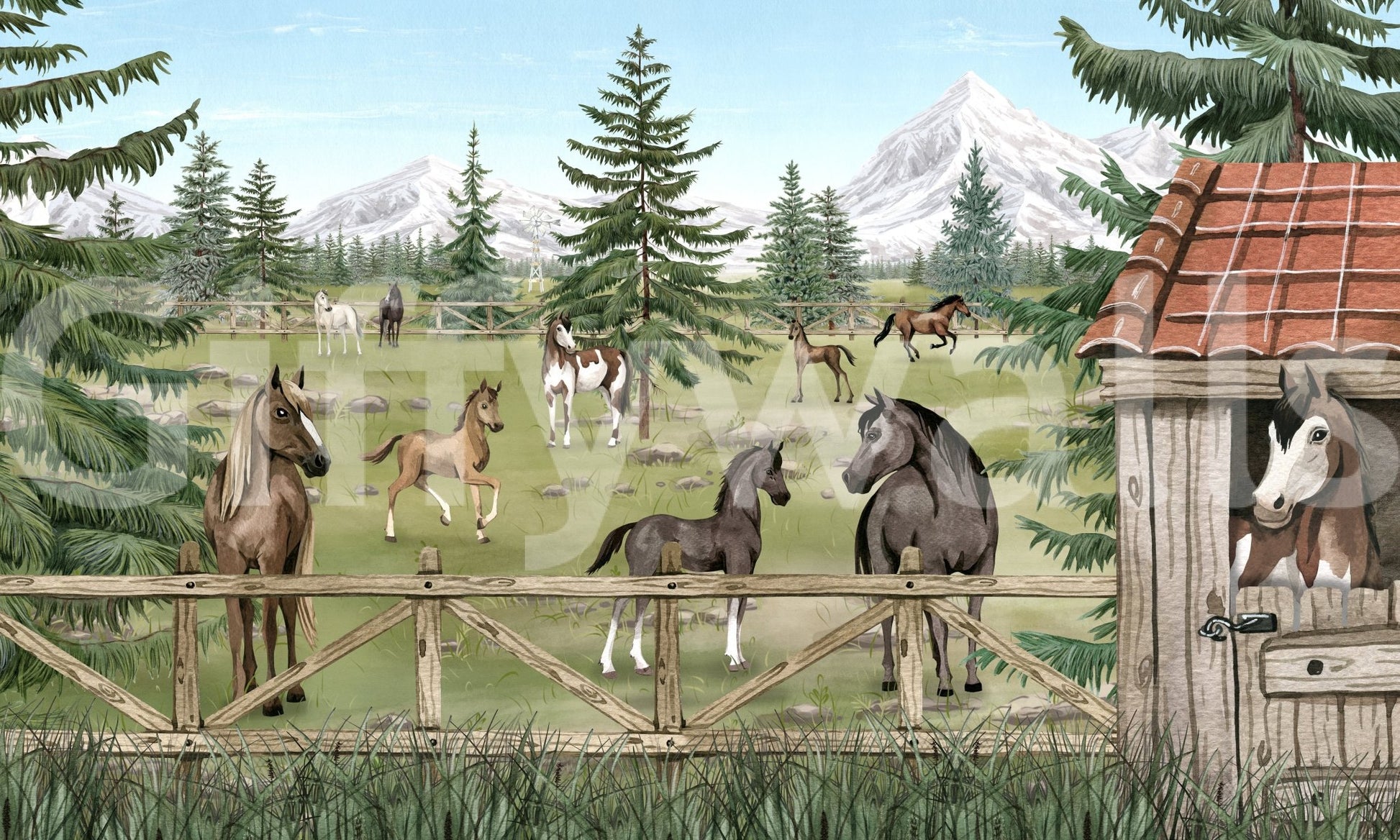 Horse Haven Country Wall Mural with horse stable detail, GD9181