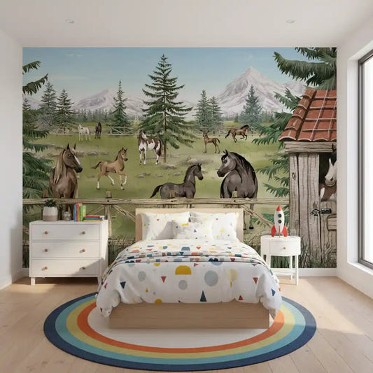 Bedroom featuring Horse Haven Scenic Wall Mural with horses
