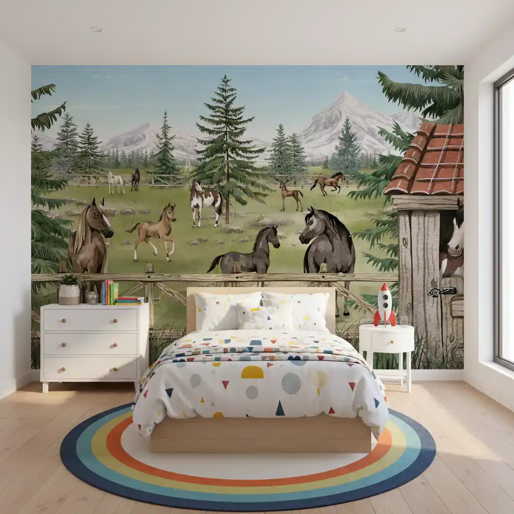 Bedroom featuring Horse Haven Scenic Wall Mural with horses, GD9181