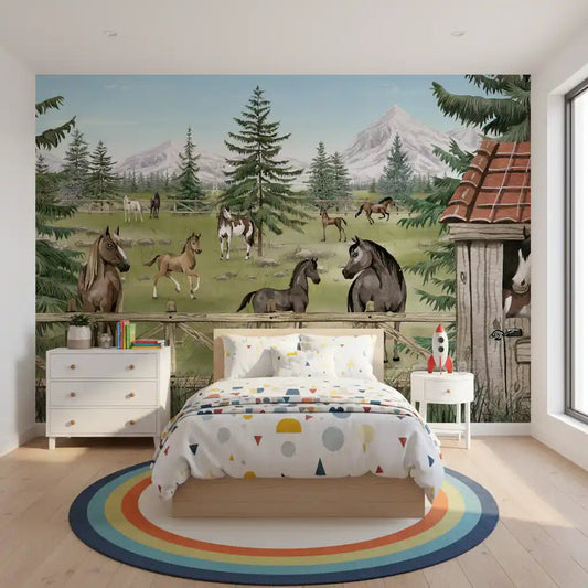 Bedroom featuring Horse Haven Scenic Wall Mural with horses
