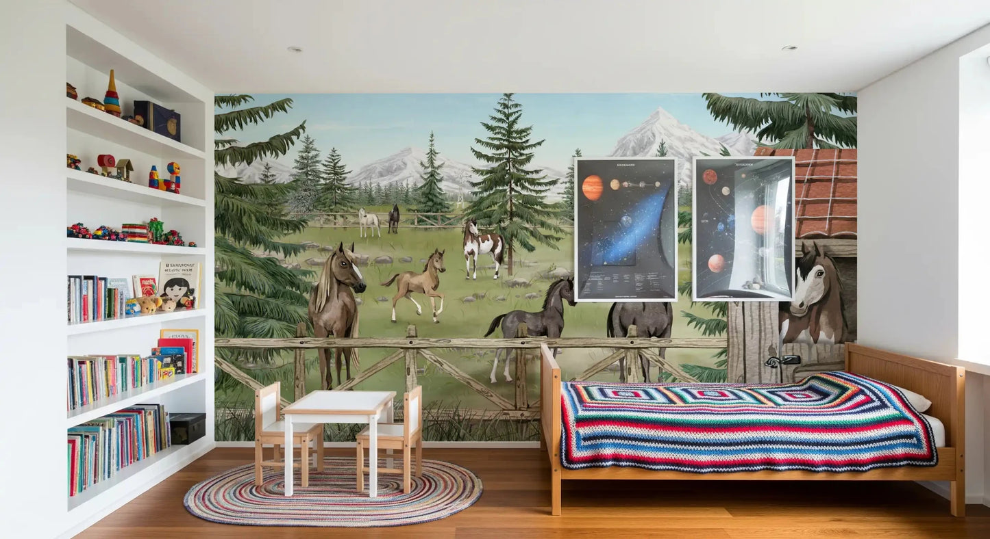 Horse Haven Wall Mural with horses, fence, and green pasture, GD9181