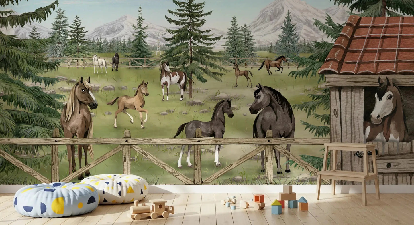 Rustic Horse Haven Wall Mural with wooden gate and meadow, GD9181
