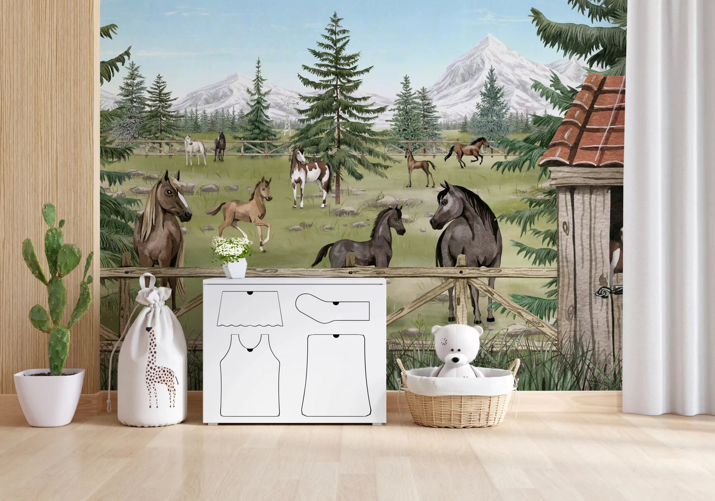 Countryside Horse Haven Wall Mural with stable and tall pines, GD9181