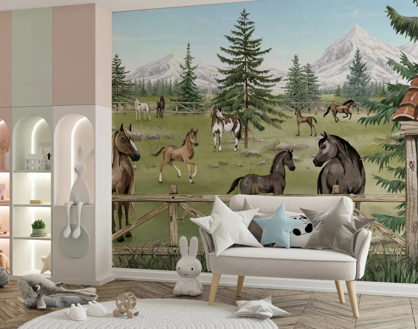 Horse Haven Scenic Wall Mural with grazing horses and trees, GD9181