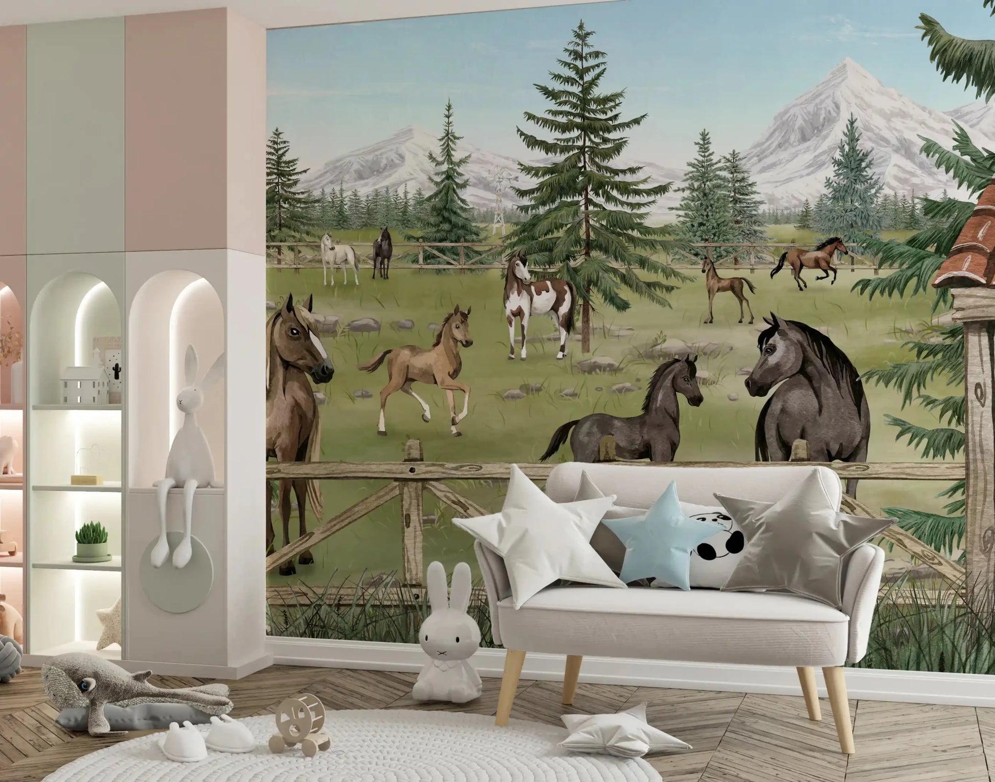 Horse Haven Scenic Wall Mural with grazing horses and trees, GD9181