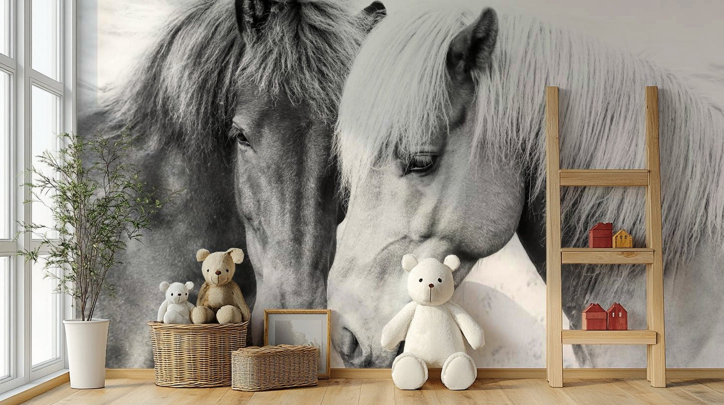 Horses interacting or in serene poses.

