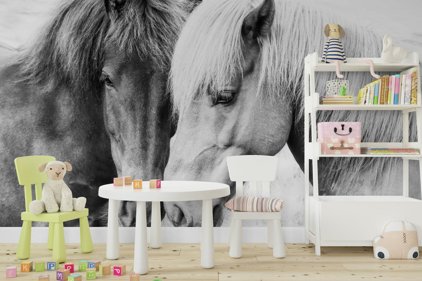 Natural colors of horse coats and surroundings.

