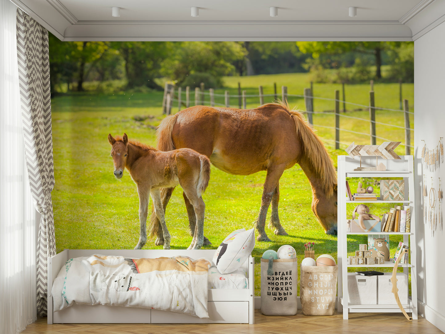 Country-style wallpaper with horse and foal

