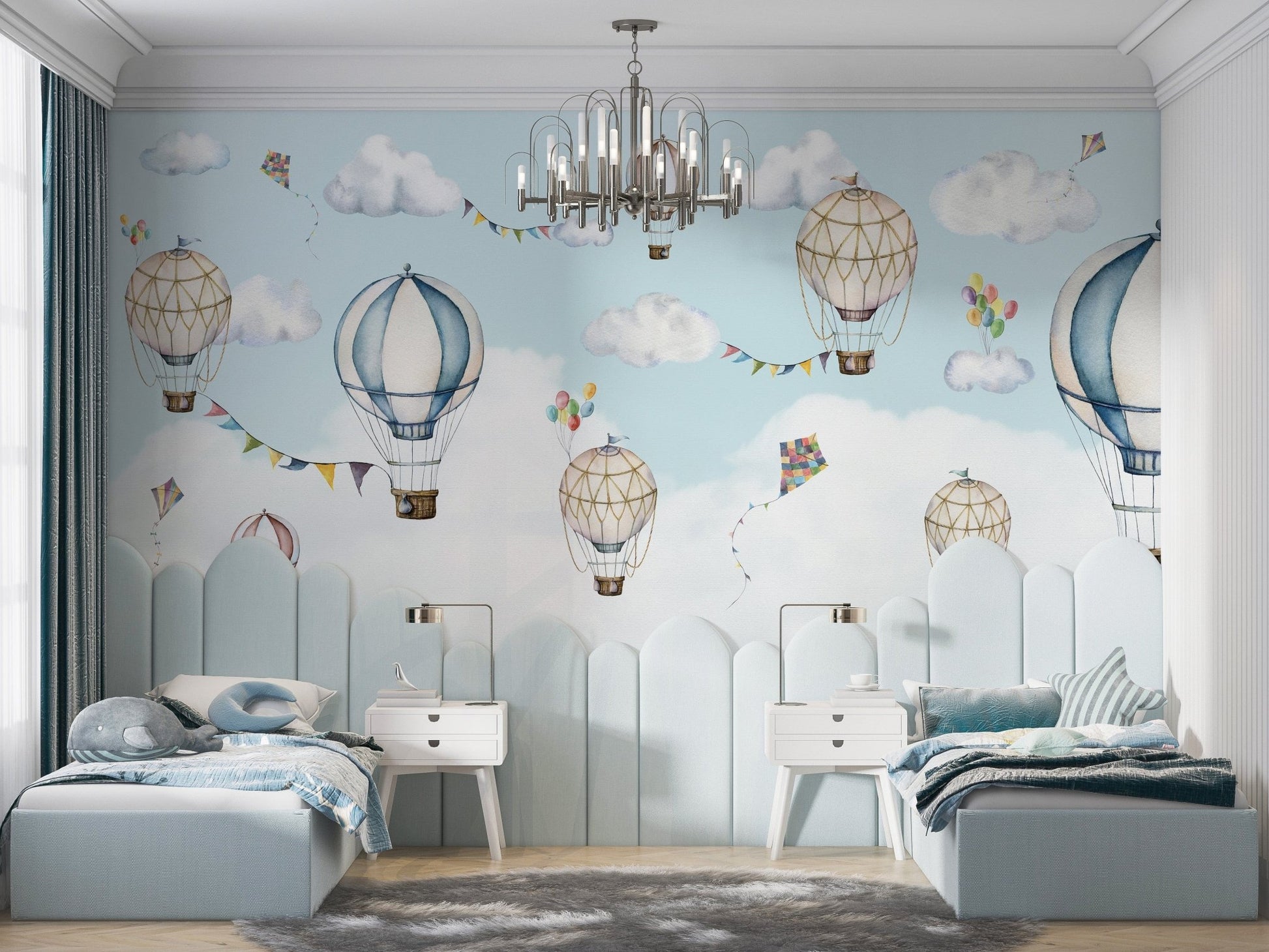 Whimsical hot air balloons floating among soft clouds