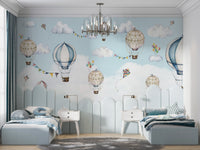Whimsical hot air balloons floating among soft clouds