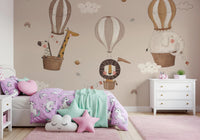 Child-friendly safari balloon mural in beige tones., GD8472