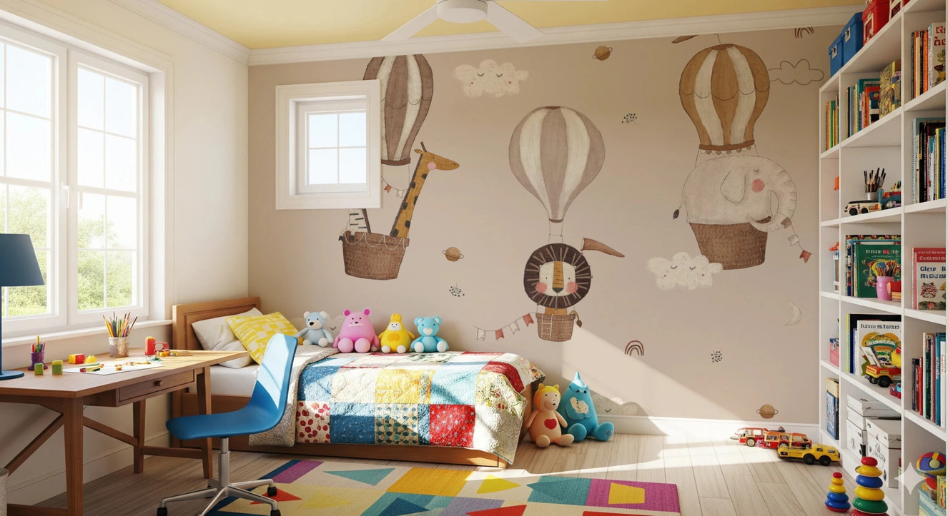 Cute animals in hot air balloons nursery wall art.