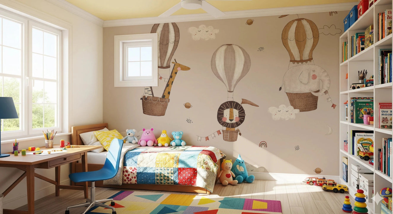Cute animals in hot air balloons nursery wall art.