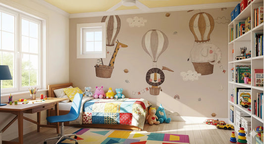 Cute animals in hot air balloons nursery wall art.