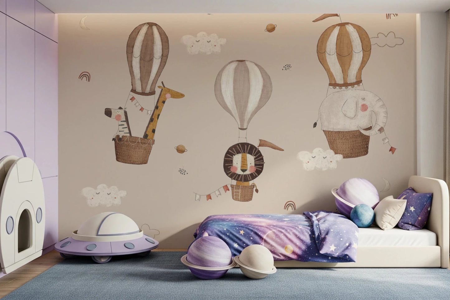 Neutral nursery mural with safari animal balloons., GD8472