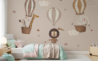 Soft tan safari animals in balloons nursery mural., GD8472