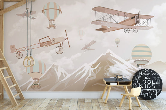 Kids' airplane mural with mountains and balloons A896