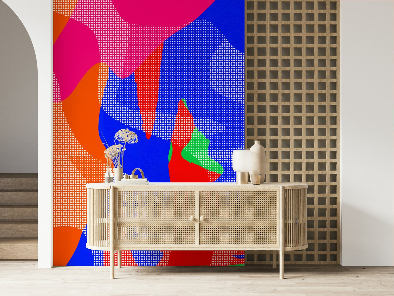 Full living room featuring the energetic Hot Dots Wall Mural design.