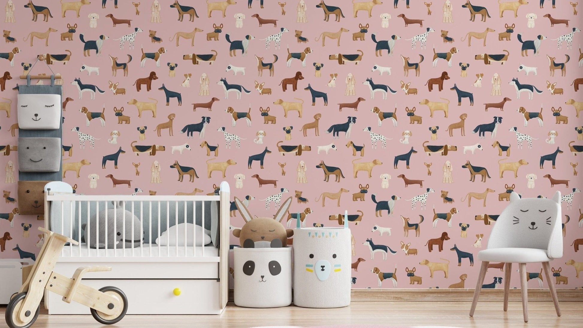 Pink dog pattern wallpaper for kids’ rooms
