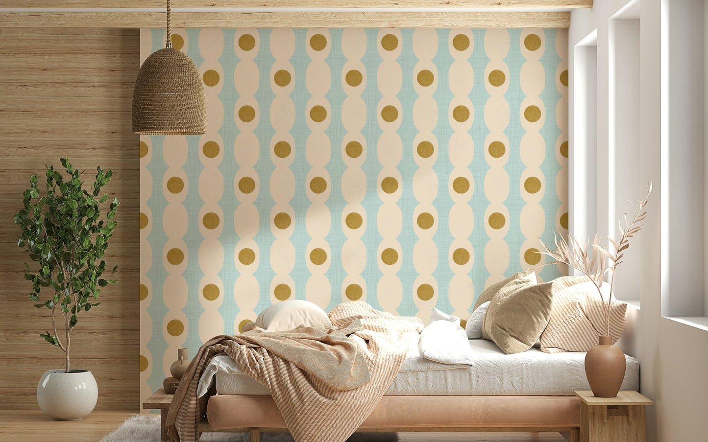 Blue, beige, gold Hourglass Echo wallpaper mural.