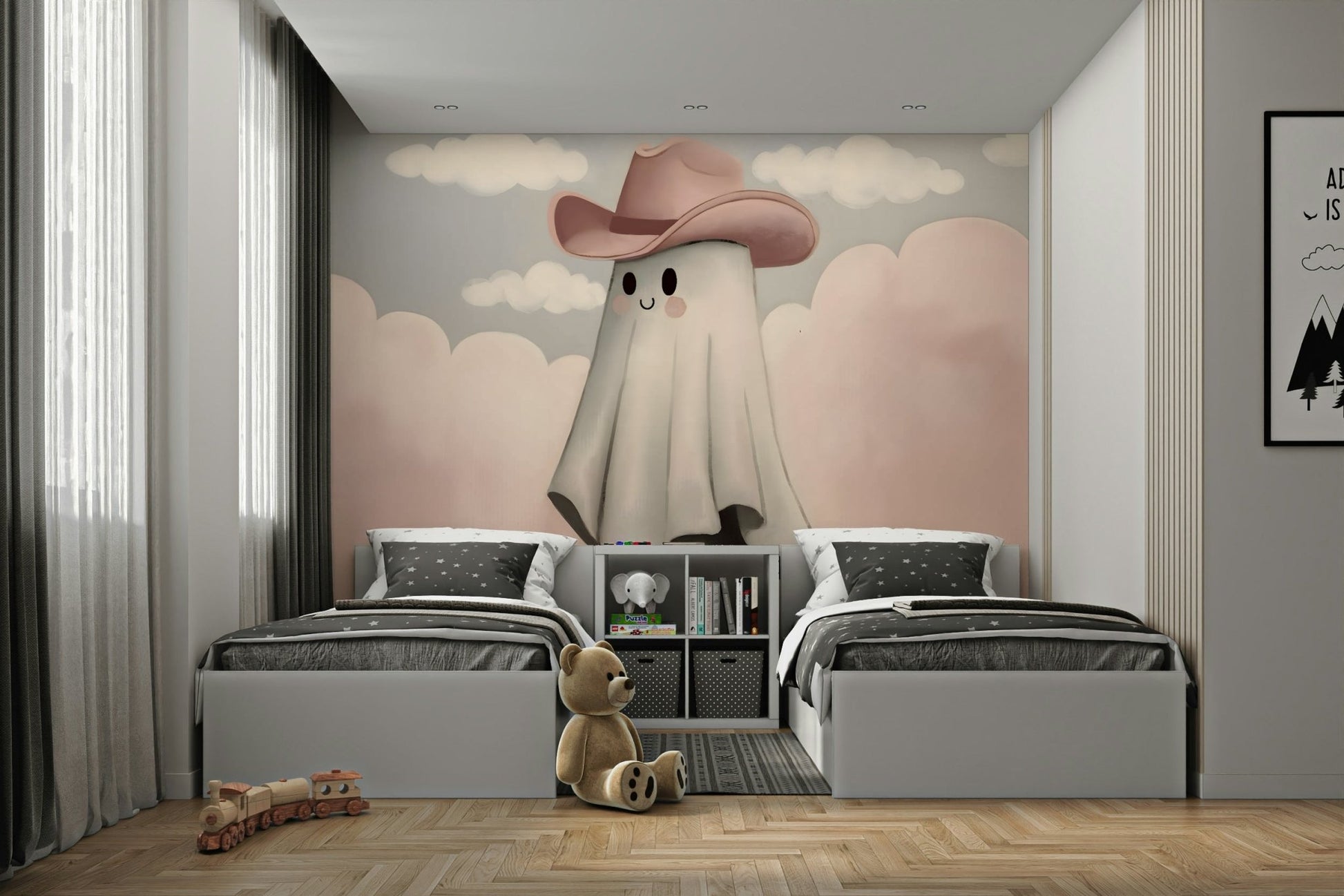 The background of the mural is a solid, soft sage green color.
