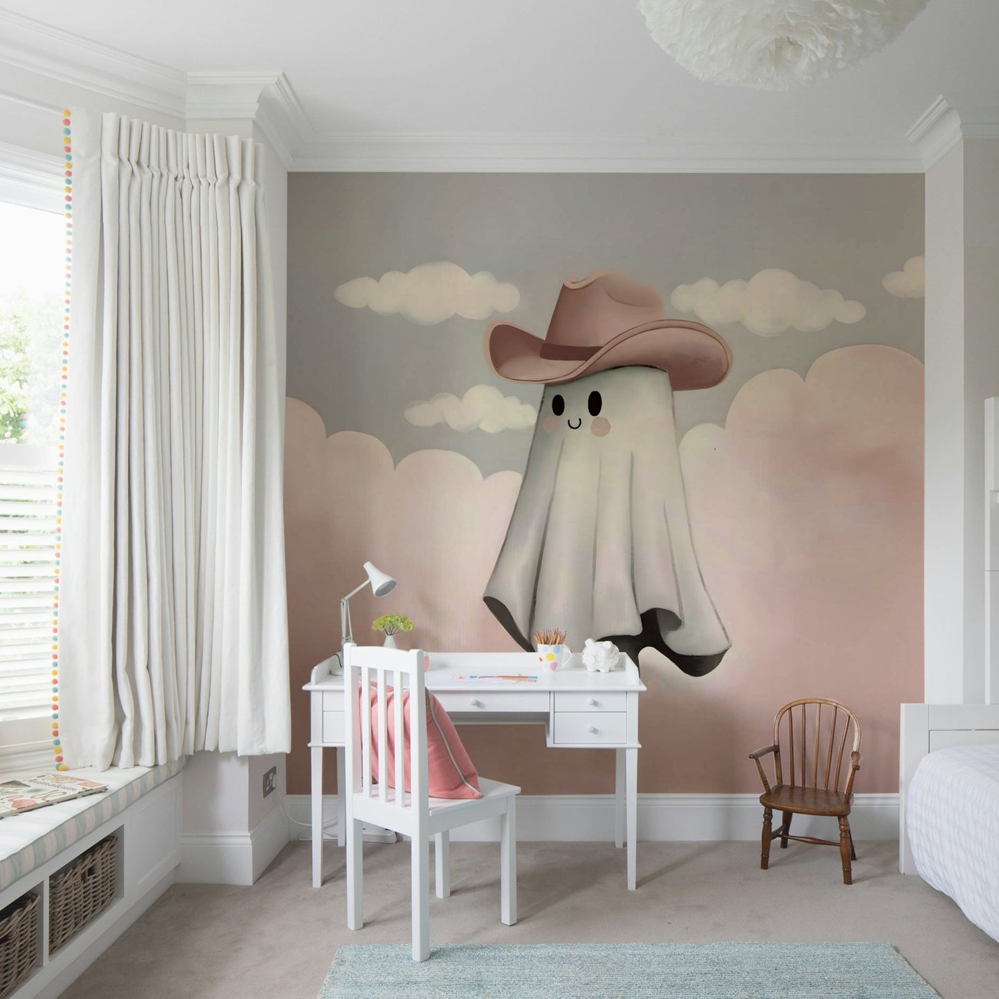 The ghost is wearing a brown cowboy hat on its head.
