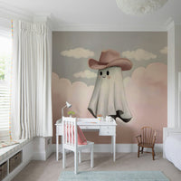 The ghost is wearing a brown cowboy hat on its head.
