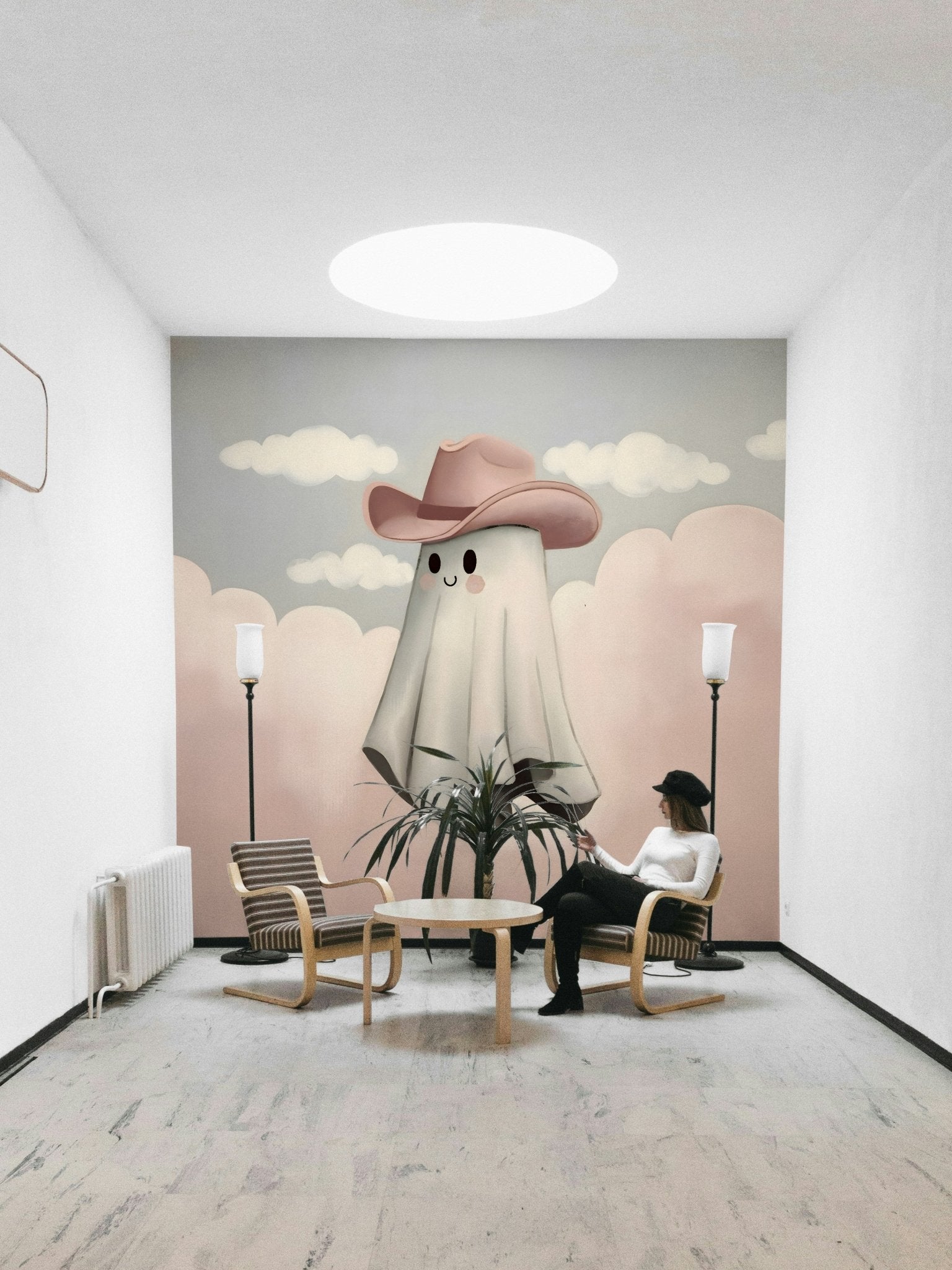 The ghost has a cute and welcoming appearance, not scary.
